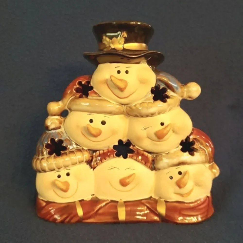 Adorable Vintage 6 Face Snowman Ceramic Tealight Candle Holder